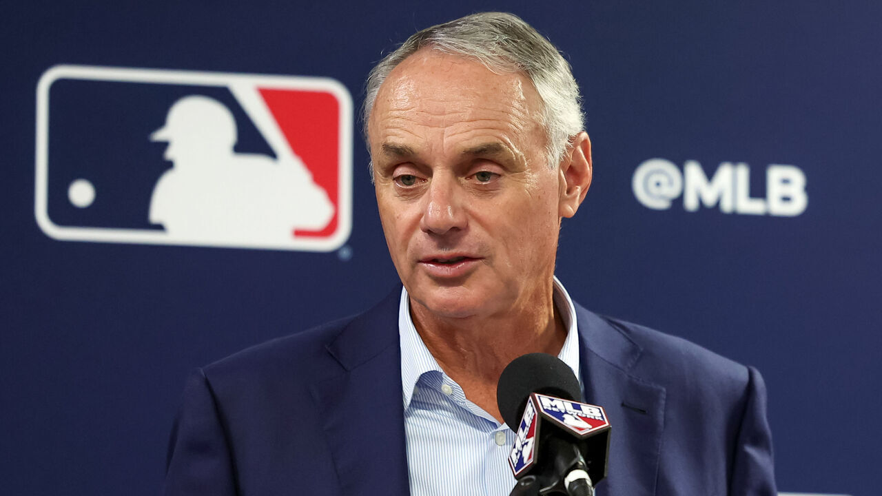 TAMPA, FL - FEBRUARY 15: Commissioner of Major League Baseball Robert D. Manfred Jr. speaks during the 2024 Grapefruit League Spring Training Media Day at George M. Steinbrenner Field on Thursday, February 15, 2024 in Tampa, Florida.