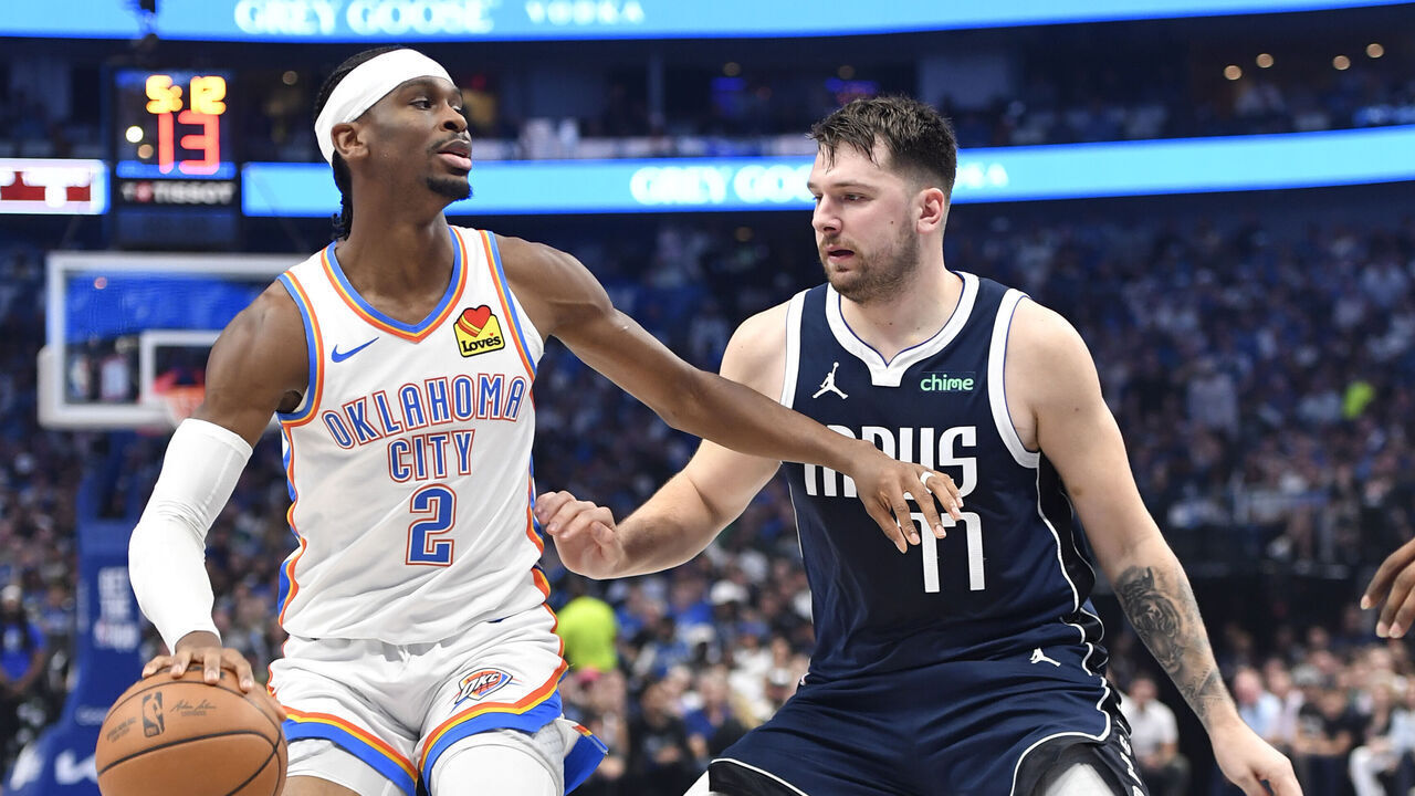 DALLAS, TX - MAY 13: Shai Gilgeous-Alexander #2 of the Oklahoma City Thunder handles the ball against Luka Doncic #77 of the Dallas Mavericks during the game during Round 2 Game 4 of the 2024 NBA Playoffs on May 13, 2024 at the American Airlines Center in Dallas, Texas. Mandatory Copyright Notice: Copyright 2024 NBAE