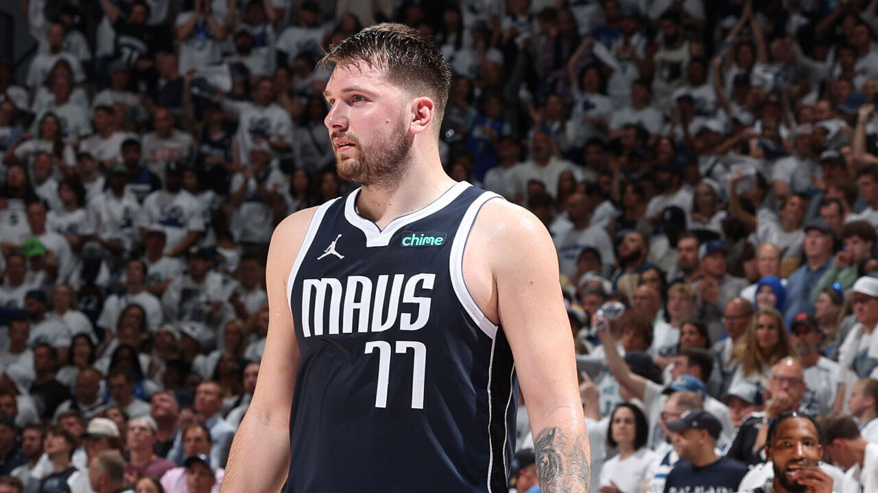 MINNEAPOLIS, MN - MAY 22: Luka Doncic #77 of the Dallas Mavericks looks on during the game against the Minnesota Timberwolves during Game 1 of the Western Conference Finals of the 2024 NBA Playoffs on May 22, 2024 at Target Center in Minneapolis, Minnesota. Mandatory Copyright Notice: Copyright 2024 NBAE
