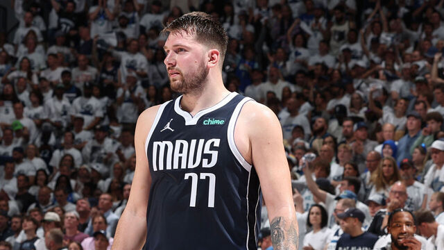 MINNEAPOLIS, MN - MAY 22: Luka Doncic #77 of the Dallas Mavericks looks on during the game against the Minnesota Timberwolves during Game 1 of the Western Conference Finals of the 2024 NBA Playoffs on May 22, 2024 at Target Center in Minneapolis, Minnesota. Mandatory Copyright Notice: Copyright 2024 NBAE