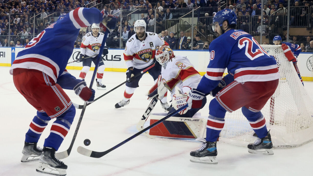 NEW YORK, NEW YORK - MAY 22: Sergei Bobrovsky #72 of the Florida Panthers defends against Chris Kreider #20 of the New York Rangers during the third period in Game One of the Eastern Conference Final of the 2024 Stanley Cup Playoffs at Madison Square Garden on May 22, 2024 in New York City.