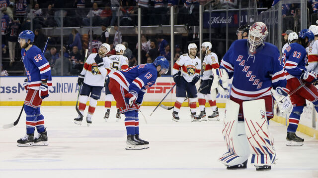 NEW YORK, NEW YORK - MAY 22: Alexis Lafrenière #13 of the New York Rangers reacts to a goal scored by Matthew Tkachuk #19 of the Florida Panthers during the third period in Game One of the Eastern Conference Final of the 2024 Stanley Cup Playoffs at Madison Square Garden on May 22, 2024 in New York City.