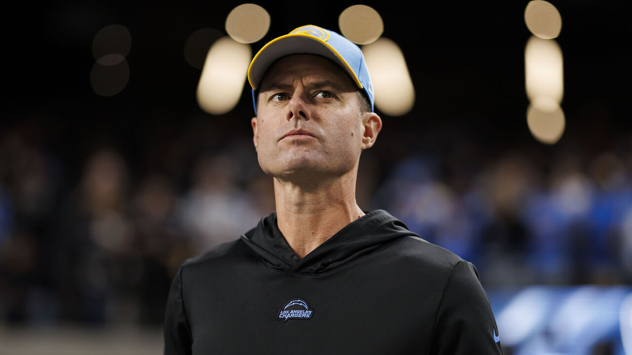 LAS VEGAS, NEVADA - DECEMBER 14: Brandon Staley of the Los Angeles Chargers looks on during pregame warmups before an NFL football game against the Las Vegas Raiders at Allegiant Stadium on December 14, 2023 in Las Vegas, Nevada.