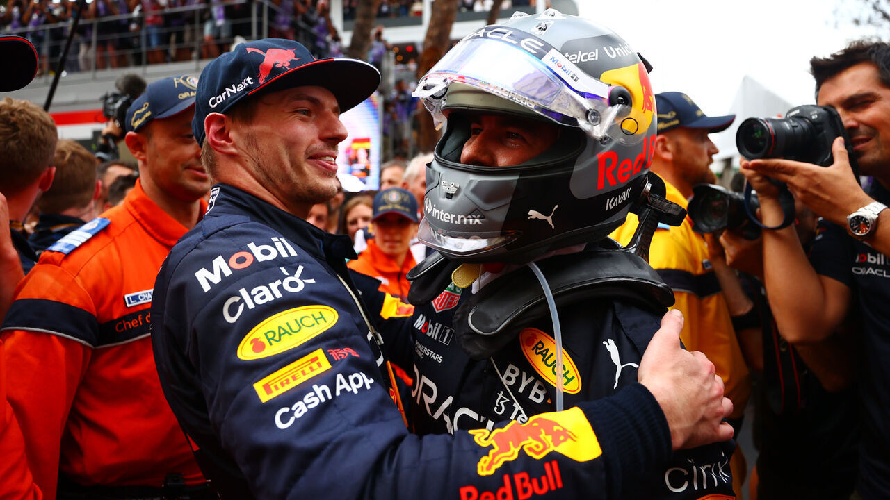 MONTE-CARLO, MONACO - MAY 29: Race winner Sergio Perez of Mexico and Oracle Red Bull Racing and Third placed Max Verstappen of the Netherlands and Oracle Red Bull Racing celebrate in parc ferme during the F1 Grand Prix of Monaco at Circuit de Monaco on May 29, 2022 in Monte-Carlo, Monaco.