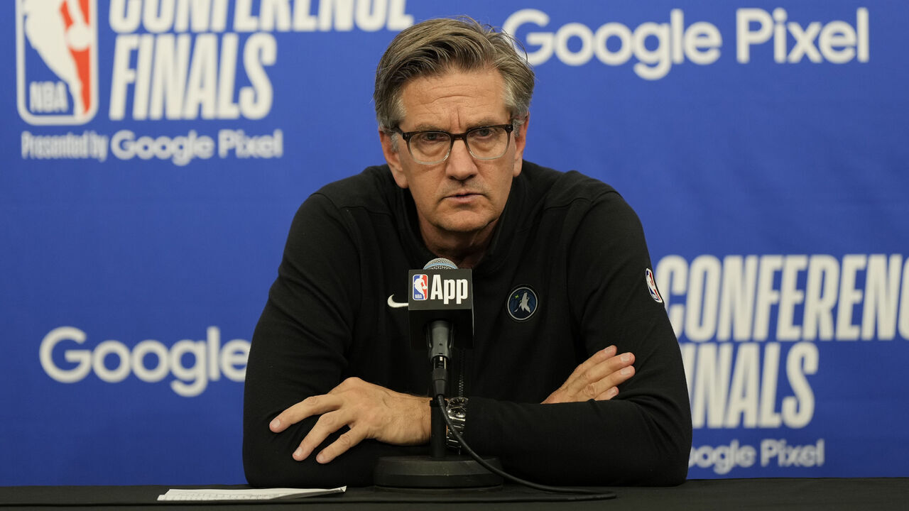 MINNEAPOLIS, MN - MAY 22: Head Coach Chris Finch of the Minnesota Timberwolves talks to the media after the game against the Dallas Mavericks during Game 1 of the Western Conference Finals of the 2024 NBA Playoffs on January 1, 2024 at Target Center in Minneapolis, Minnesota. Mandatory Copyright Notice: Copyright 2024 NBAE