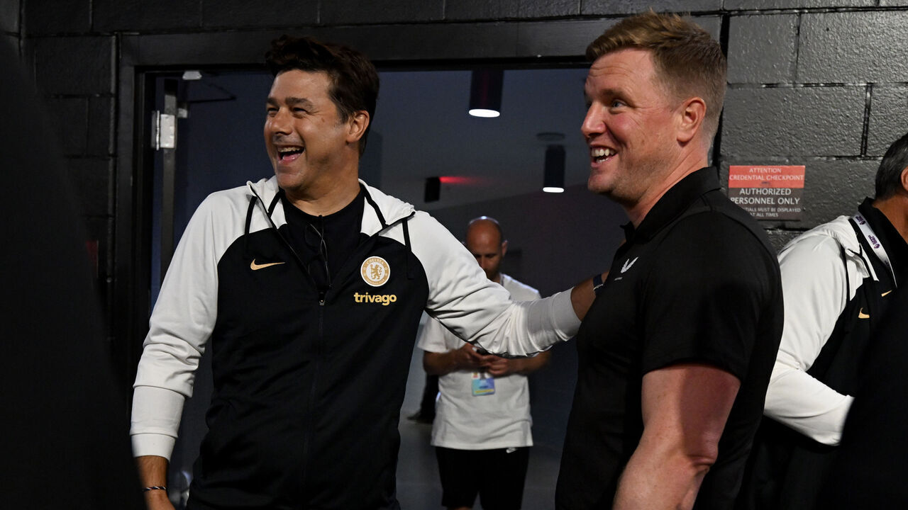 ATLANTA, GEORGIA - JULY 25: Mauricio Pochettino of Chelsea and Eddie Howe of Newcastle Utd after a press conference at Mercedes-Benz Stadium on July 25, 2023 in Atlanta, Georgia.