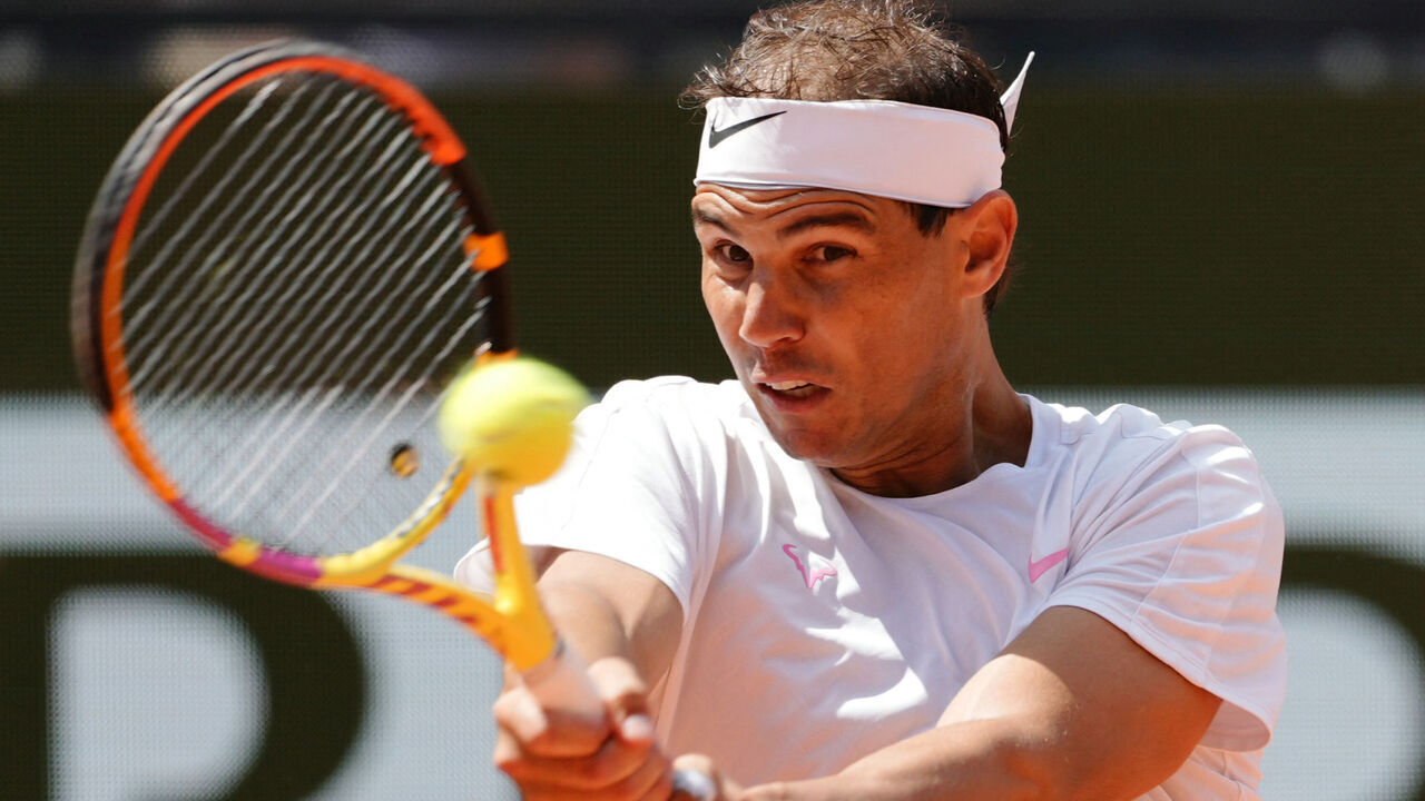 Spain's Rafael Nadal takes part in a practice session ahead of The French Open tennis tournament on Court Philippe-Chatrier at The Roland Garros Complex in Paris on May 21, 2024.
