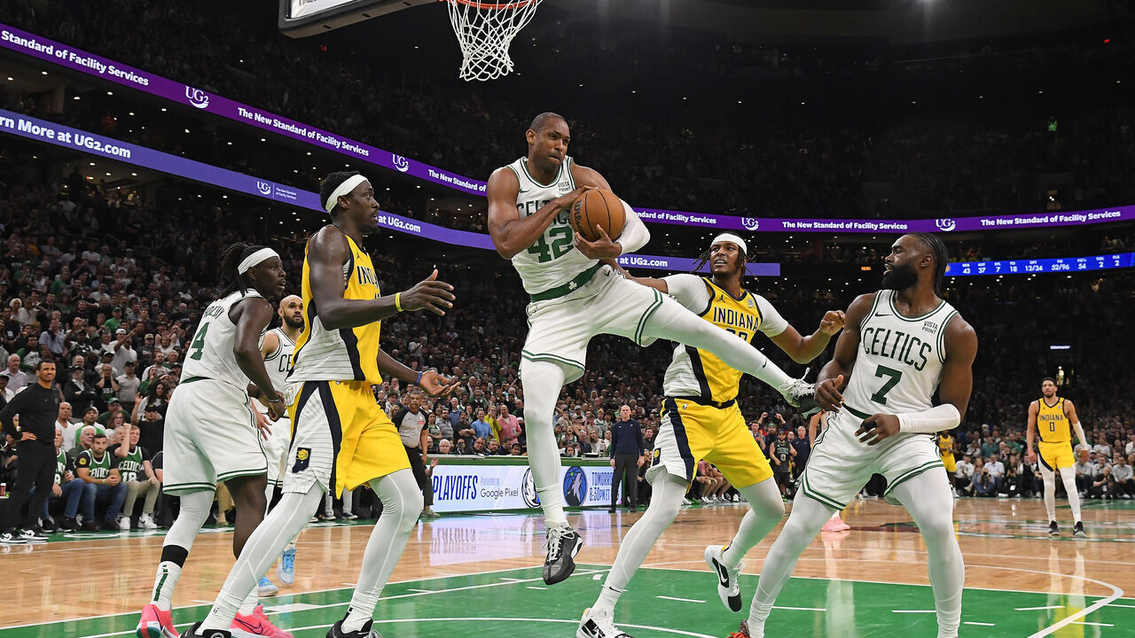 BOSTON, MA - MAY 21: Al Horford #42 of the Boston Celtics rebounds the ball during the game against the Indiana Pacers during Game 1 of the Eastern Conference Finals of the 2024 NBA Playoffs on May 21, 2024 at the TD Garden in Boston, Massachusetts. Mandatory Copyright Notice: Copyright 2024 NBAE