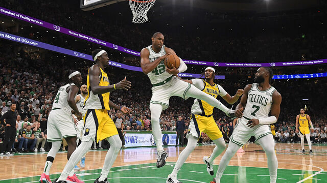 BOSTON, MA - MAY 21: Al Horford #42 of the Boston Celtics rebounds the ball during the game against the Indiana Pacers during Game 1 of the Eastern Conference Finals of the 2024 NBA Playoffs on May 21, 2024 at the TD Garden in Boston, Massachusetts. Mandatory Copyright Notice: Copyright 2024 NBAE