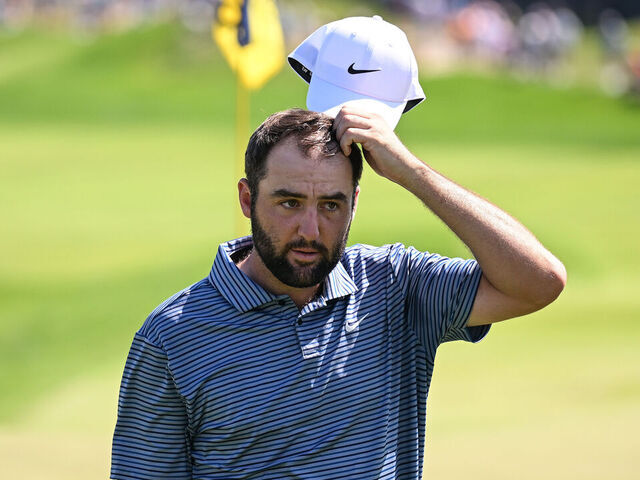 LOUISVILLE, KENTUCKY - MAY 19: Scottie Scheffler of the United States walks off the 18th green during the final round of the 2024 PGA Championship at Valhalla Golf Club on May 19, 2024 in Louisville, Kentucky.