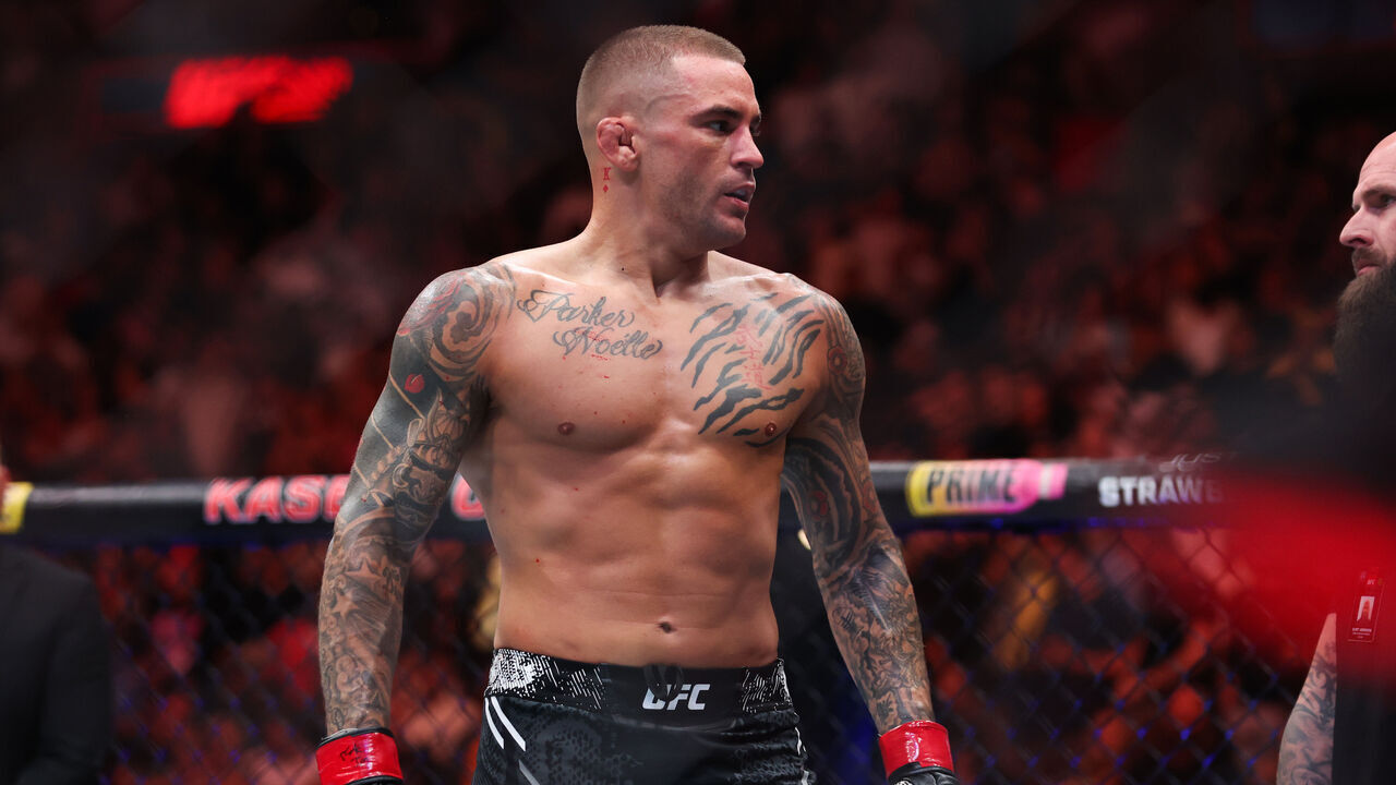 MIAMI, FLORIDA - MARCH 09: Dustin Poirier reacts after defeating Benoit Saint Denis of France in their lightweight bout at UFC 299 at Kaseya Center on March 09, 2024 in Miami, Florida.