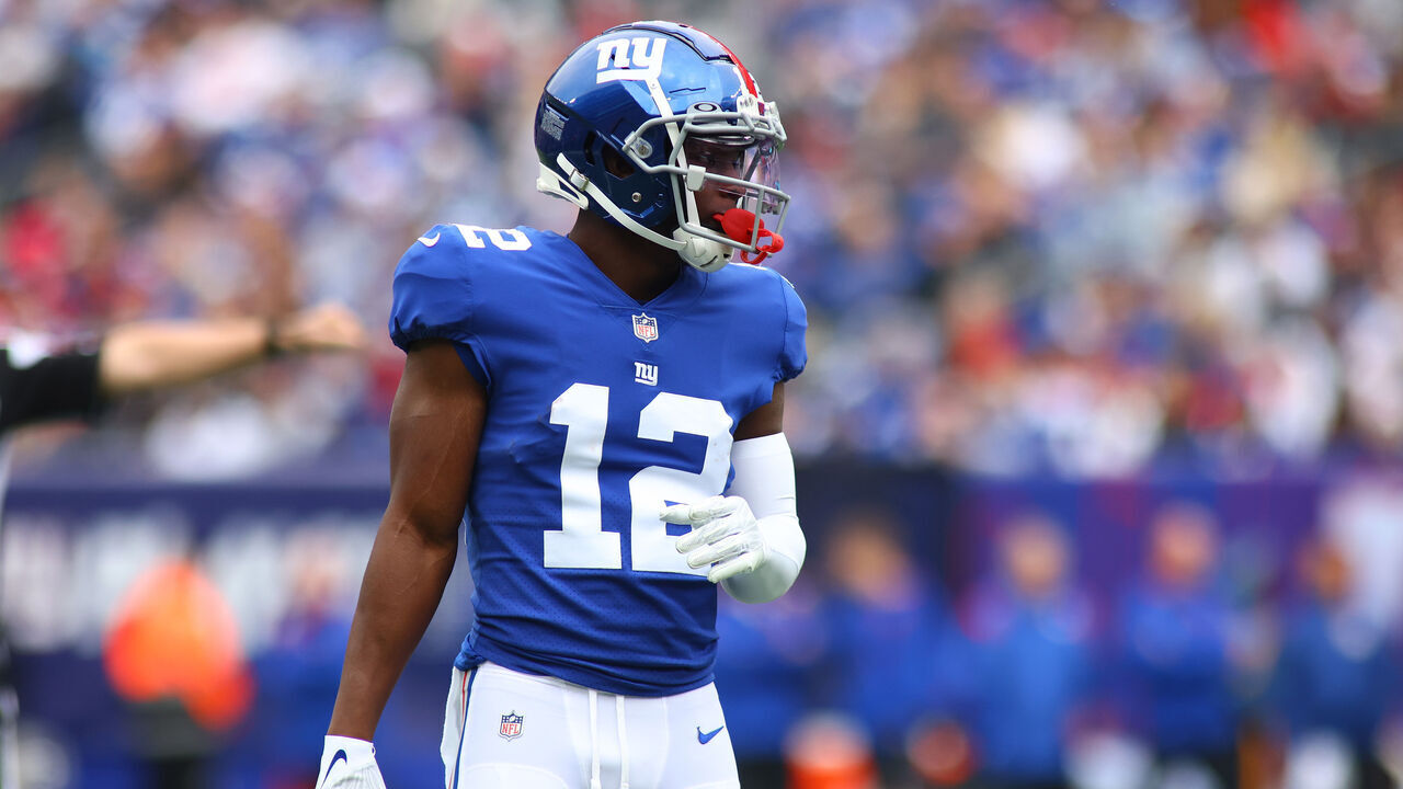 EAST RUTHERFORD, NEW JERSEY - OCTOBER 24: (NEW YORK DAILIES OUT) John Ross #12 of the New York Giants in action against the Carolina Panthers at MetLife Stadium on October 24, 2021 in East Rutherford, New Jersey. New York Giants defeated the Carolina Panthers 25-3.