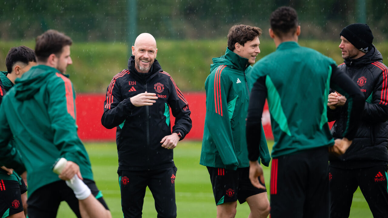 MANCHESTER, ENGLAND - MAY 22: Manager Erik ten Hag of Manchester United in action during a first team training session at Carrington Training Ground on May 22, 2024 in Manchester, England.