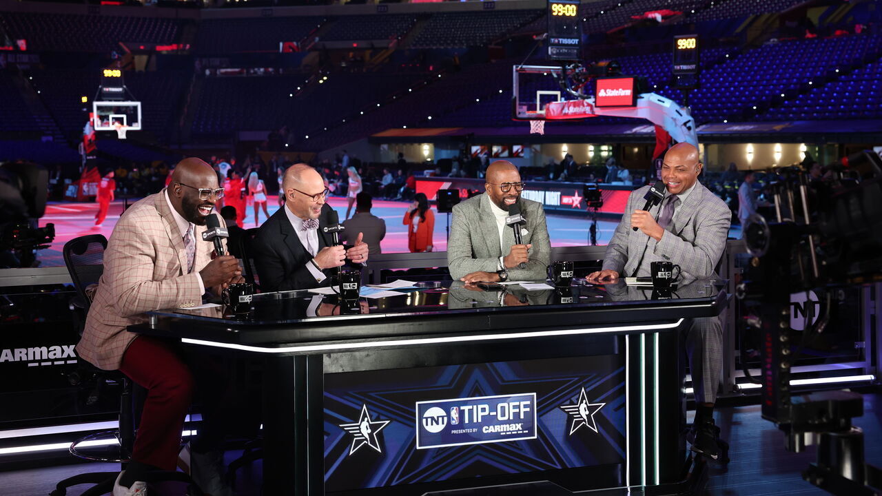 INDIANAPOLIS, IN - FEBRUARY 17: Shaquille O'Neal, Ernie Johnson, Kenny Smith and Charles Barkley from TNT talk as a part of State Farm All-Star Saturday Night on Saturday, February 17, 2024 at Lucas Oil Stadium in Indianapolis, Indiana. NOTE TO USER: User expressly acknowledges and agrees that, by downloading and/or using this Photograph, user is consenting to the terms and conditions of the Getty Images License Agreement. Mandatory Copyright Notice: Copyright 2024 NBAE