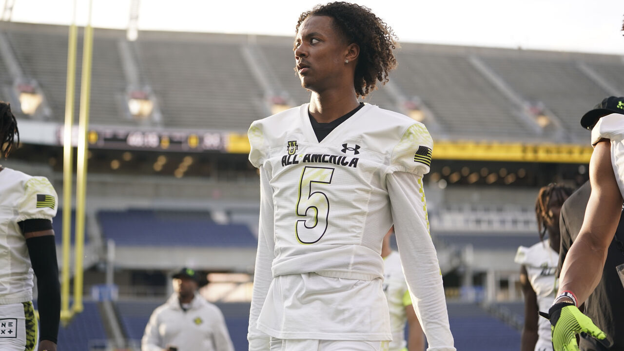 ORLANDO, FL - JANUARY 03: Team Speed quarterback Jaden Rashada (5) before the Under Armour Next All-America Football Gameon January 03, 2023, at Camping World Stadium in Orlando, FL.