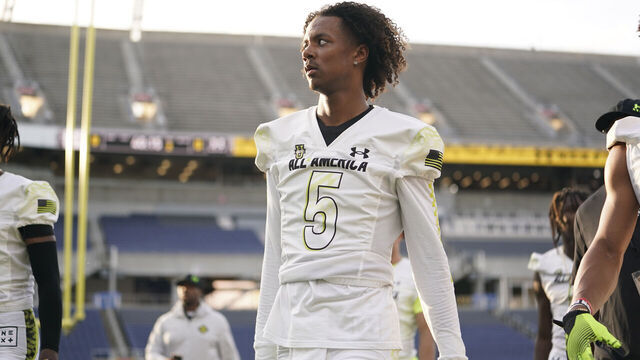 ORLANDO, FL - JANUARY 03: Team Speed quarterback Jaden Rashada (5) before the Under Armour Next All-America Football Gameon January 03, 2023, at Camping World Stadium in Orlando, FL.