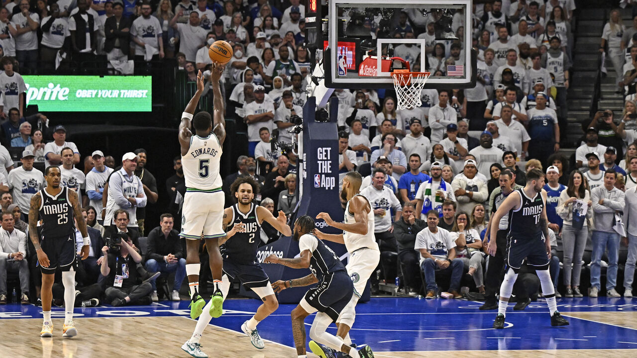 MINNEAPOLIS, MN - MAY 22: Anthony Edwards #5 of the Minnesota Timberwolves shoots the ball during the game against the Dallas Mavericks during Game 1 of the Western Conference Finals of the 2024 NBA Playoffs on May 22, 2024 at Target Center in Minneapolis, Minnesota. Mandatory Copyright Notice: Copyright 2024 NBAE