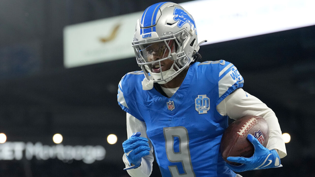 DETROIT, MICHIGAN - JANUARY 14: Jameson Williams #9 of the Detroit Lions warms-up prior to a game against the Los Angeles Rams in the NFC Wild Card Playoffs at Ford Field on January 14, 2024 in Detroit, Michigan.