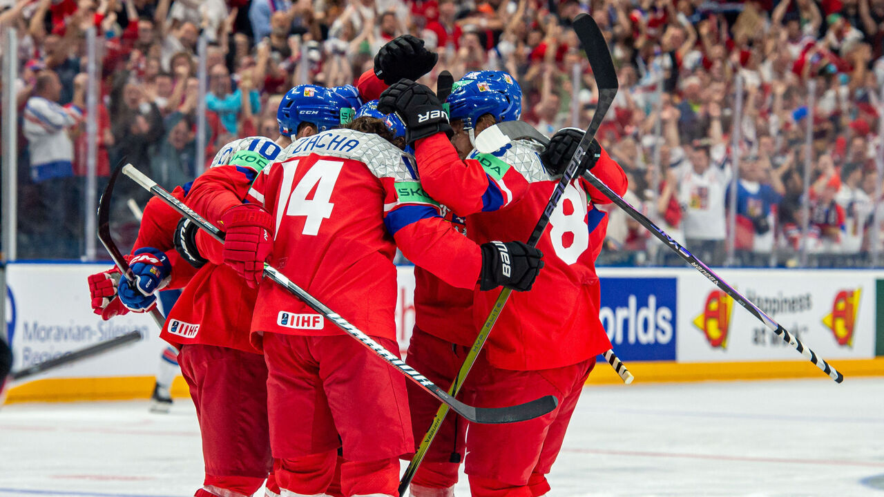 PRAGUE, CZECH REPUBLIC - MAY 23: Pavel Zacha #14 of Czechia celebrates his goal with teammates during the 2024 IIHF Ice Hockey World Championship Czechia Quarterfinal match between USA and Czechia at Prague Arena on May 23, 2024 in Prague, Czech Republic.