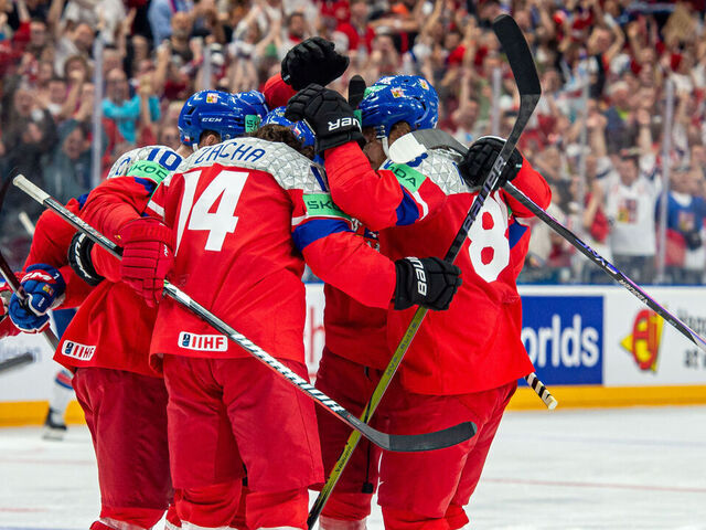 PRAGUE, CZECH REPUBLIC - MAY 23: Pavel Zacha #14 of Czechia celebrates his goal with teammates during the 2024 IIHF Ice Hockey World Championship Czechia Quarterfinal match between USA and Czechia at Prague Arena on May 23, 2024 in Prague, Czech Republic.