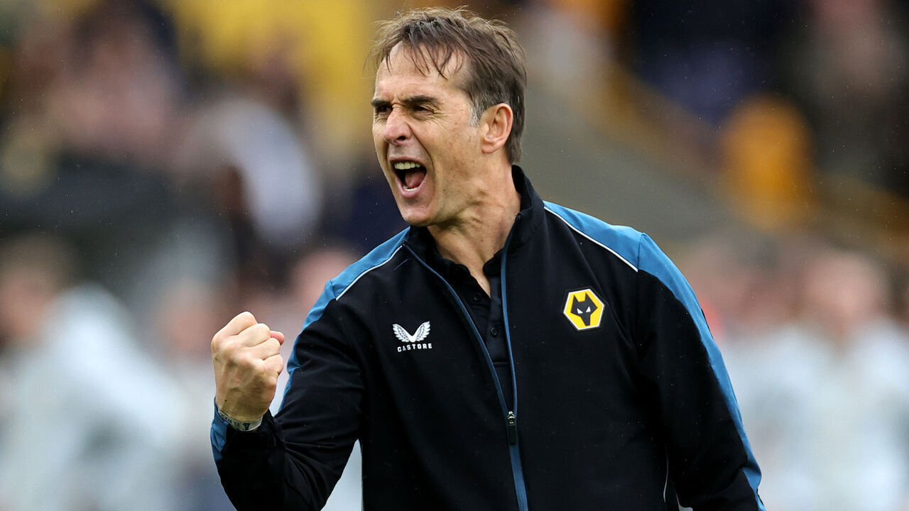 WOLVERHAMPTON, ENGLAND - MAY 06: Julen Lopetegui, Manager of Wolverhampton Wanderers, celebrates after the team's victory in the Premier League match between Wolverhampton Wanderers and Aston Villa at Molineux on May 06, 2023 in Wolverhampton, England.