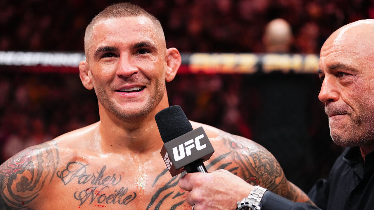 MIAMI, FLORIDA - MARCH 09: Dustin Poirier reacts after his victory against Benoit Saint Denis of France in a lightweight fight during the UFC 299 event at Kaseya Center on March 09, 2024 in Miami, Florida.