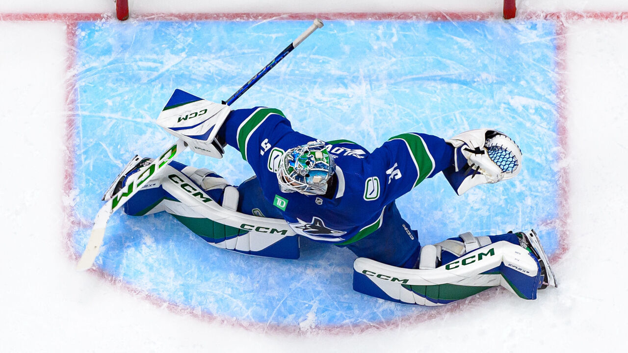 VANCOUVER, CANADA - MAY 16: Arturs Silovs #31 of the Vancouver Canucks in net during the first period in Game Five of the Second Round of the 2024 Stanley Cup Playoffs against the Edmonton Oilers at Rogers Arena on May 16, 2024 in Vancouver, British Columbia, Canada.