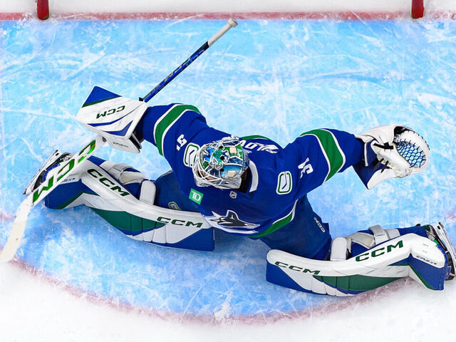 VANCOUVER, CANADA - MAY 16: Arturs Silovs #31 of the Vancouver Canucks in net during the first period in Game Five of the Second Round of the 2024 Stanley Cup Playoffs against the Edmonton Oilers at Rogers Arena on May 16, 2024 in Vancouver, British Columbia, Canada.