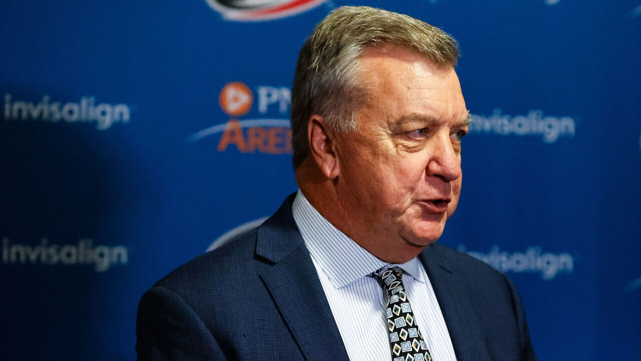 RALEIGH, NC - JANUARY 11: Carolina Hurricanes General Manager Don Waddell address the media about gambling during the second period of the game against the Anaheim Ducks at PNC Arena on January 11, 2024 in Raleigh, North Carolina.