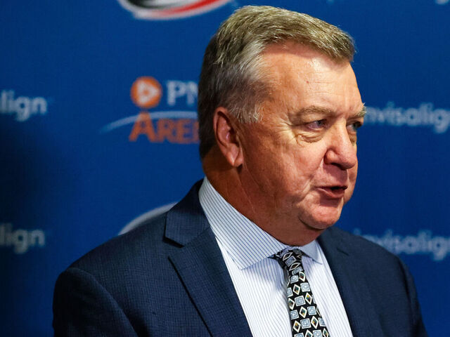RALEIGH, NC - JANUARY 11: Carolina Hurricanes General Manager Don Waddell address the media about gambling during the second period of the game against the Anaheim Ducks at PNC Arena on January 11, 2024 in Raleigh, North Carolina.