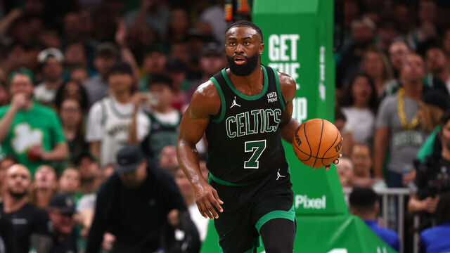 BOSTON, MASSACHUSETTS - MAY 23: Jaylen Brown #7 of the Boston Celtics dribbles the ball during the third quarter in Game Two of the Eastern Conference Finals at TD Garden on May 23, 2024 in Boston, Massachusetts.
