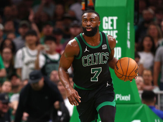 BOSTON, MASSACHUSETTS - MAY 23: Jaylen Brown #7 of the Boston Celtics dribbles the ball during the third quarter in Game Two of the Eastern Conference Finals at TD Garden on May 23, 2024 in Boston, Massachusetts.