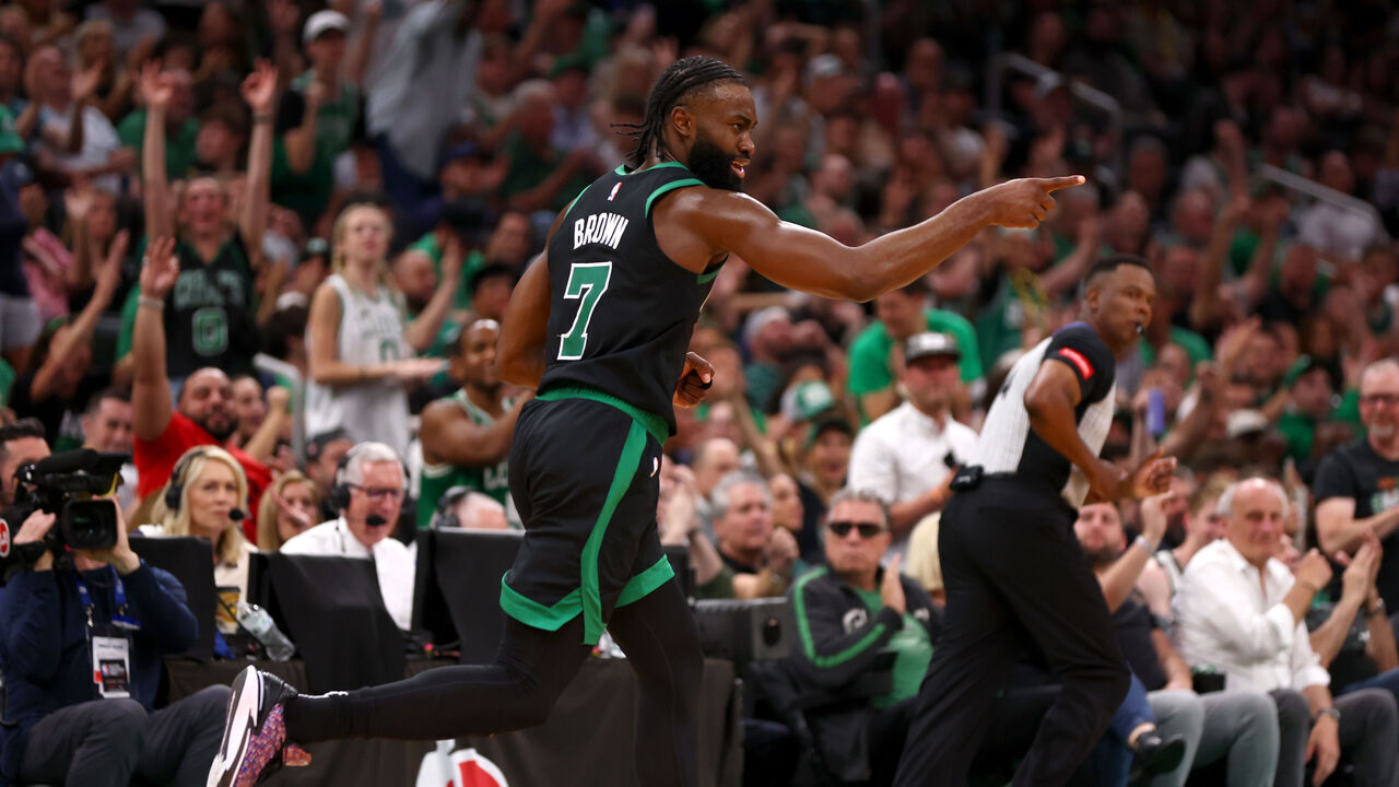 BOSTON, MASSACHUSETTS - MAY 23: Jaylen Brown #7 of the Boston Celtics reacts during the third quarter against the Indiana Pacers during the third quarter in Game Two of the Eastern Conference Finals at TD Garden on May 23, 2024 in Boston, Massachusetts.