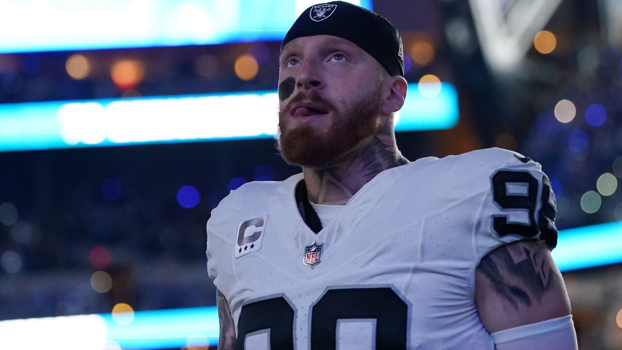 INDIANAPOLIS, INDIANA - DECEMBER 31: Maxx Crosby #98 of the Las Vegas Raiders looks on before the game against the Indianapolis Colts at Lucas Oil Stadium on December 31, 2023 in Indianapolis, Indiana.