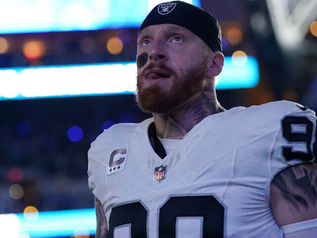 INDIANAPOLIS, INDIANA - DECEMBER 31: Maxx Crosby #98 of the Las Vegas Raiders looks on before the game against the Indianapolis Colts at Lucas Oil Stadium on December 31, 2023 in Indianapolis, Indiana.