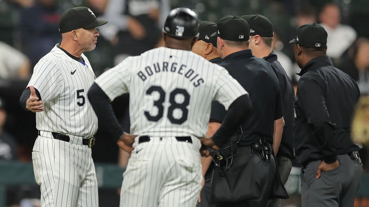 CHICAGO, IL - MAY 23: Pedro Grifol (5) of the Chicago White Sox argues with the umpires after a pop out by Andrew Benintendi (23) of the Chicago White Sox is called an unassisted double play after interference by Andrew Vaughn (25) of the Chicago White Sox after a game against the Baltimore Orioles on May 23, 2024 at Guaranteed Rate Field in Chicago, Illinois.