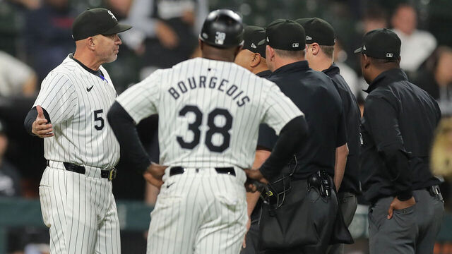 CHICAGO, IL - MAY 23: Pedro Grifol (5) of the Chicago White Sox argues with the umpires after a pop out by Andrew Benintendi (23) of the Chicago White Sox is called an unassisted double play after interference by Andrew Vaughn (25) of the Chicago White Sox after a game against the Baltimore Orioles on May 23, 2024 at Guaranteed Rate Field in Chicago, Illinois.