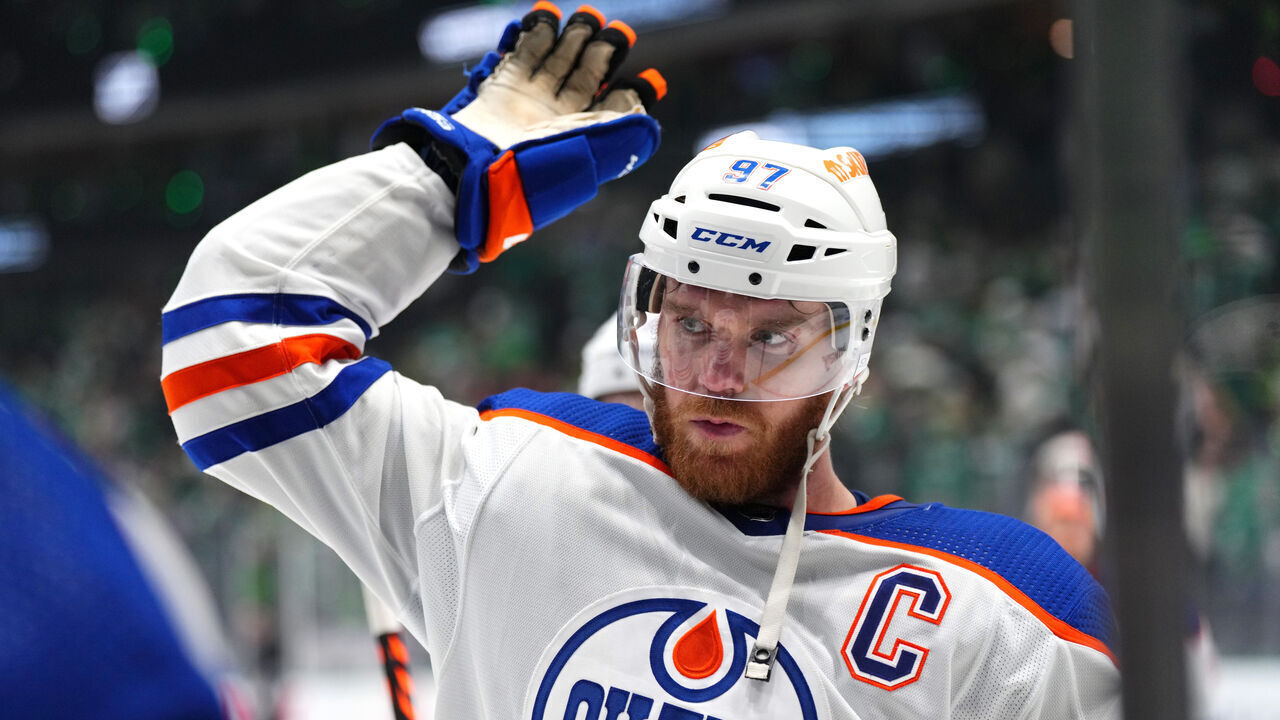 DALLAS, TEXAS - MAY 23: Connor McDavid #97 of the Edmonton Oilers reacts after his game winning goal against the Dallas Stars during the second overtime in Game One of the Western Conference Final of the 2024 Stanley Cup Playoffs at American Airlines Center on May 23, 2024 in Dallas, Texas.
