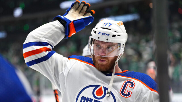 DALLAS, TEXAS - MAY 23: Connor McDavid #97 of the Edmonton Oilers reacts after his game winning goal against the Dallas Stars during the second overtime in Game One of the Western Conference Final of the 2024 Stanley Cup Playoffs at American Airlines Center on May 23, 2024 in Dallas, Texas.