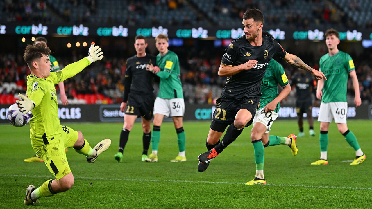 MELBOURNE, AUSTRALIA - MAY 24: Jordan Courtney-Perkins of the All Stars scores a goal during the exhibition match between A-League All Stars Men and Newcastle United FC at Marvel Stadium on May 24, 2024 in Melbourne, Australia.