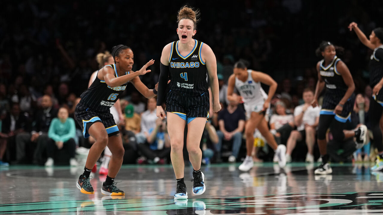 BROOKLYN, NY - MAY 23: Marina Mabrey #4 of the Chicago Sky celebrates during the game against the New York Liberty on May 23, 2024 in Brooklyn, New York. Mandatory Copyright Notice: Copyright 2024 NBAE