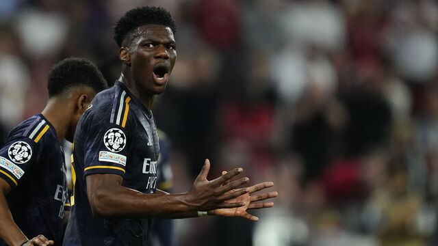 Aurelien Tchouameni defensive midfield of Real Madrid and France reacts during the UEFA Champions League semi-final first leg match between FC Bayern München and Real Madrid at Allianz Arena on April 30, 2024 in Munich, Germany.