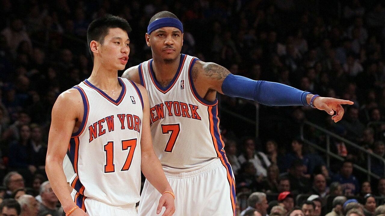 NEW YORK, NY - FEBRUARY 20: (NEW YORK DAILIES OUT) Carmelo Anthony #7 and Jeremy Lin #17 of the New York Knicks in action against the New Jersey Nets on February 20, 2012 at Madison Square Garden in New York City. The Nets defeated the Knicks 100-92. NOTE TO USER: User expressly acknowledges and agrees that, by downloading and/or using this Photograph, user is consenting to the terms and conditions of the Getty Images License Agreement.