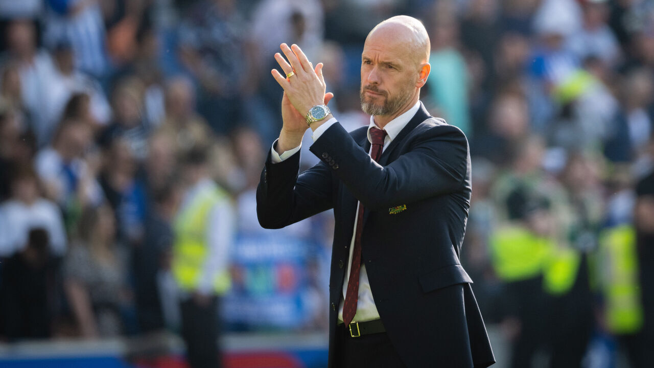 BRIGHTON, ENGLAND - MAY 19: Manager Erik ten Hag of Manchester United applauds the fans after the Premier League match between Brighton & Hove Albion and Manchester United at American Express Community Stadium on May 19, 2024 in Brighton, England.
