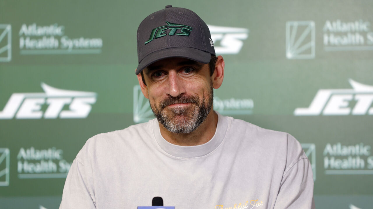 FLORHAM PARK, NEW JERSEY - MAY 21: Aaron Rodgers #8 of the New York Jets speaks to the media during the New York Jets OTA Offseason Workout at Atlantic Health Jets Training Center on May 21, 2024 in Florham Park, New Jersey.