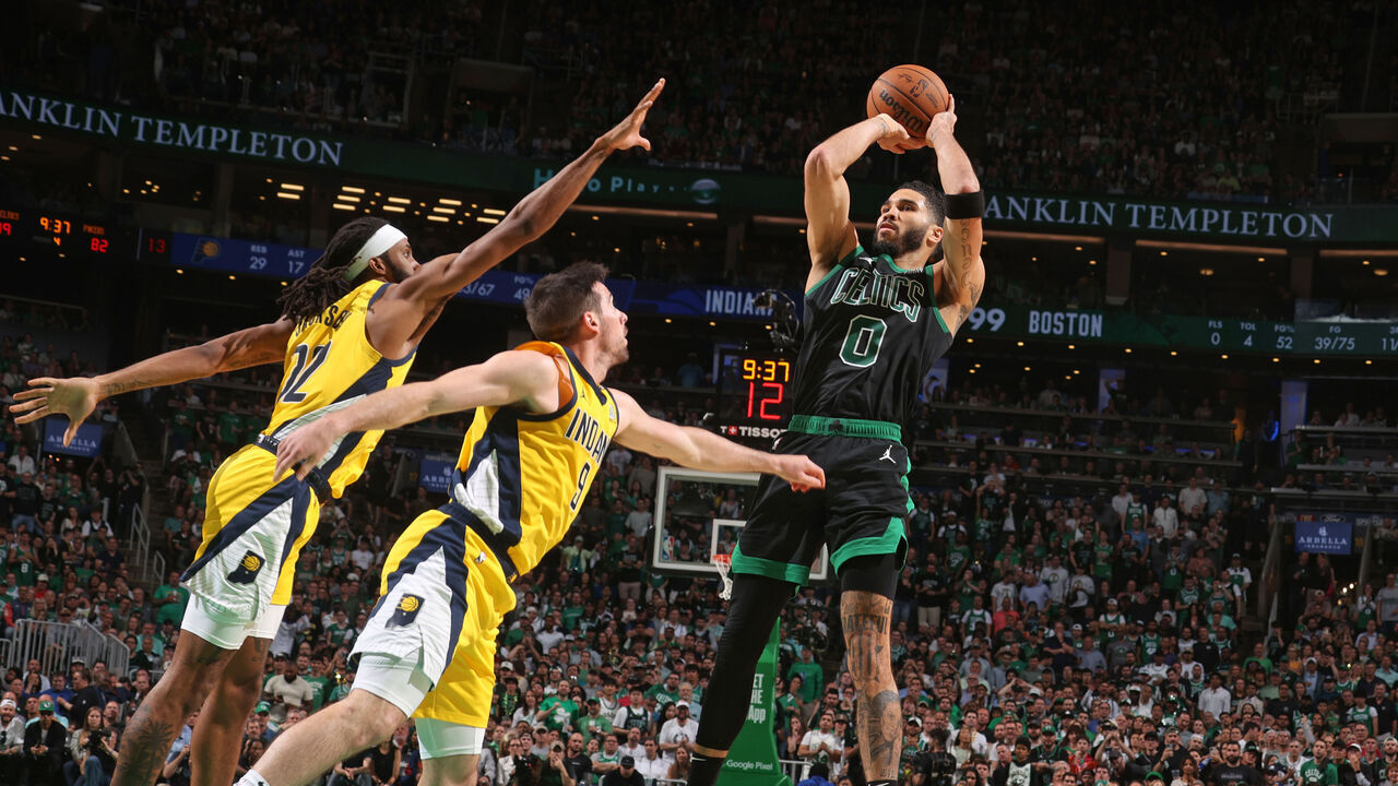 BOSTON, MA - MAY 23: Jayson Tatum #0 of the Boston Celtics shoots the ball during the game against the Indiana Pacers during Game 2 of the Eastern Conference Finals of the 2024 NBA Playoffs on May 23, 2024 at the TD Garden in Boston, Massachusetts. Mandatory Copyright Notice: Copyright 2024 NBAE