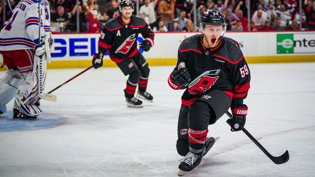 RALEIGH, NORTH CAROLINA - MAY 09: Jake Guentzel #59 of the Carolina Hurricanes celebrates his goal against the New York Rangers during the first period in Game Three of the Second Round of the 2024 Stanley Cup Playoffs at PNC Arena on May 09, 2024 in Raleigh, North Carolina.