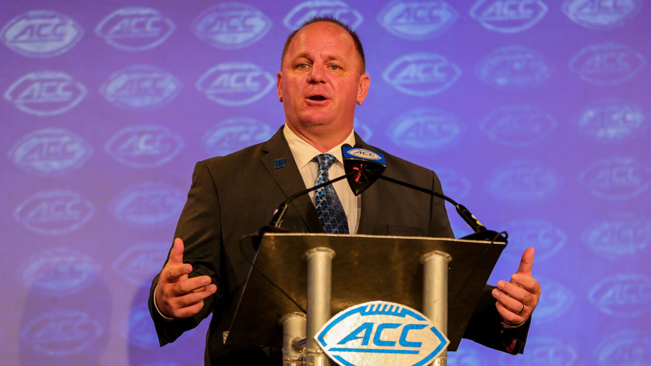 CHARLOTTE, NC - JULY 21: Duke Blue Devils Head Coach Mike Elko speaks to the media during the ACC Football Kickoff on July 21, 2022, at The Westin Charlotte in Charlotte, NC.