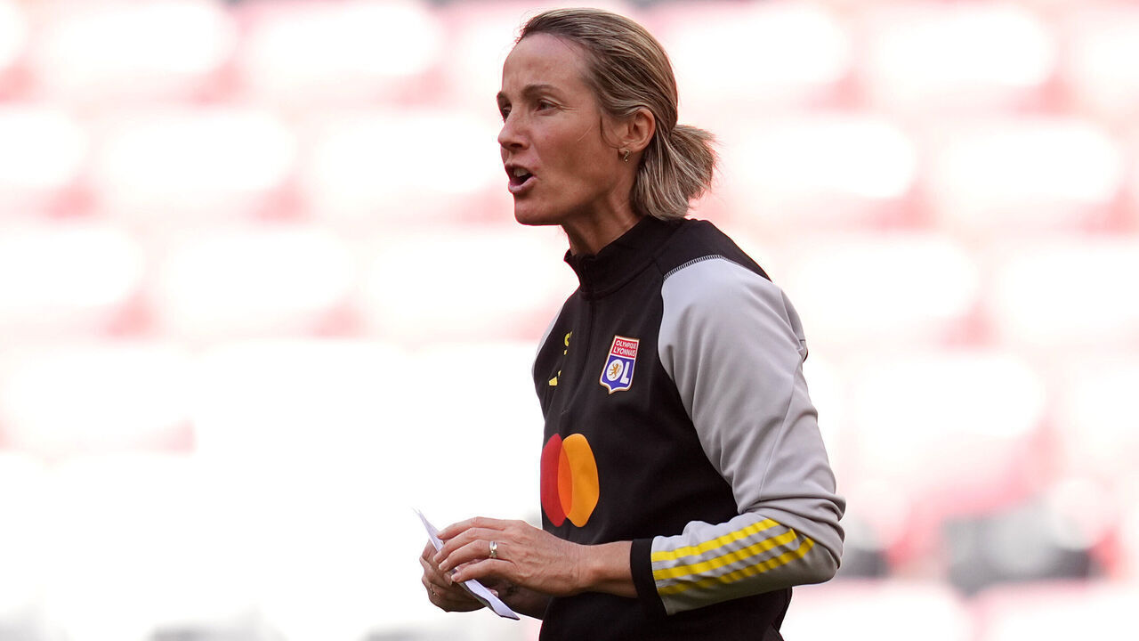 BILBAO, SPAIN - MAY 24: Sonia Bompastor, Head Coach of Olympique Lyonnais, shouts instructions during a training session ahead of their UEFA Women's Champions League 2023/24 Final match against FC Barcelona at Estadio de San Mames on May 24, 2024 in Bilbao, Spain.