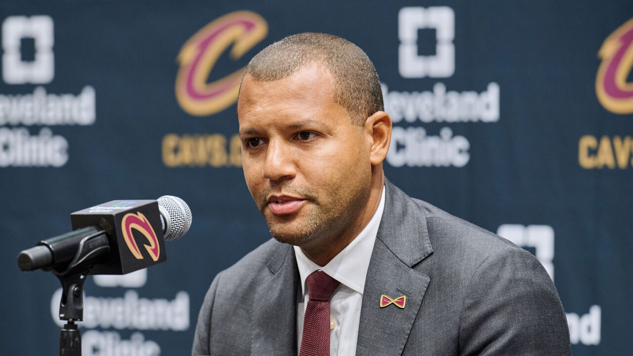 CLEVELAND, OHIO - OCTOBER 02: General manager Koby Altman of the Cleveland Cavaliers is interviewed during media day at Rocket Mortgage Fieldhouse on October 02, 2023 in Cleveland, Ohio.